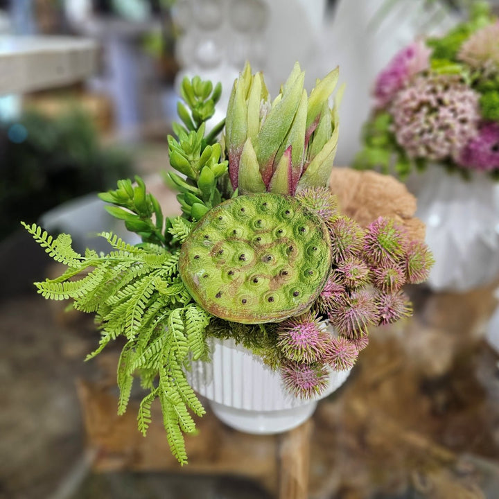 Queen Protea, Succulents and Dried Mushroom in Round Ceramic Bowl. FH: 13" - LDF SilkArtificial Flora