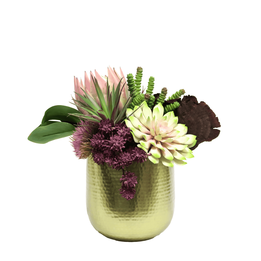 Queen Protea with Succulents and Dried Mushrooms in Metal Container. FH: 14"H - LDF SilkArtificial Flora