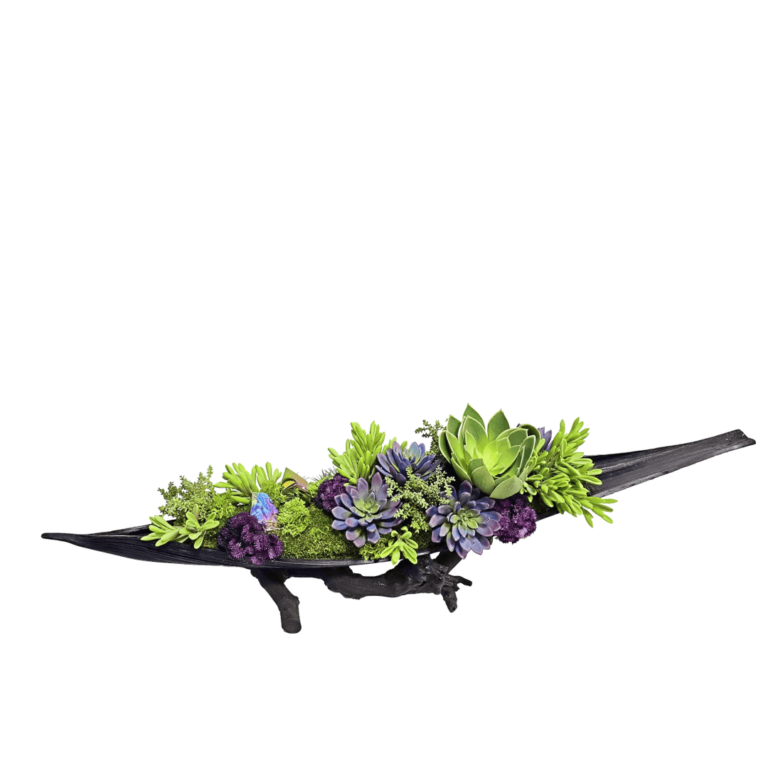 Rainbow Amethyst Crystals with Mixed Purple and Green Succulents in Black Coco Palm Boat on Grapewood Stand. 12.5"H - LDF Silk