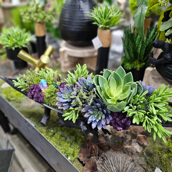 Rainbow Amethyst Crystals with Mixed Purple and Green Succulents in Black Coco Palm Boat on Grapewood Stand. 12.5"H - LDF Silk