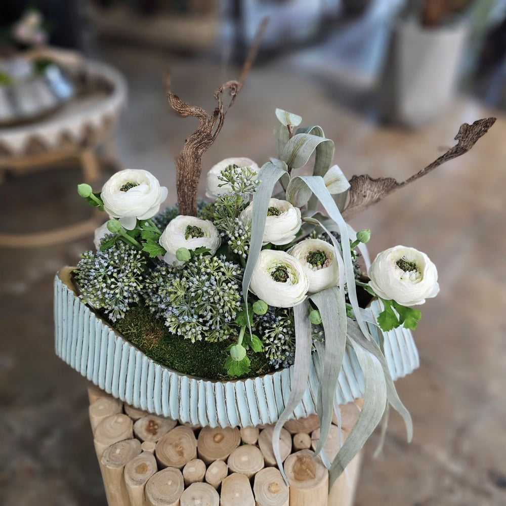 Ranunculus, Eucalyptus Leaves and Allium in Oval Container 16"H - LDF Silk