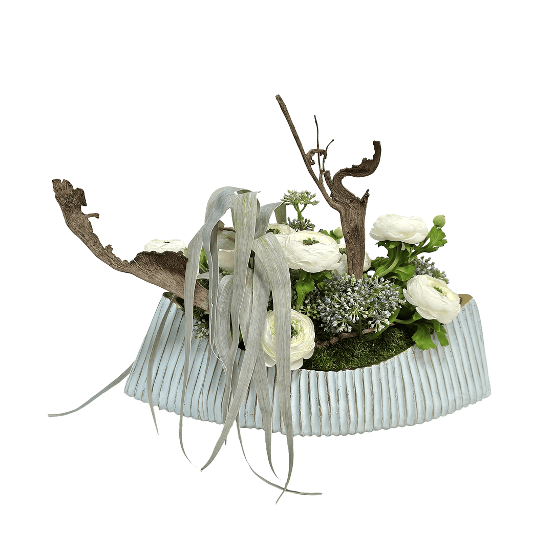 Ranunculus, Eucalyptus Leaves and Allium in Oval Container 16"H - LDF Silk