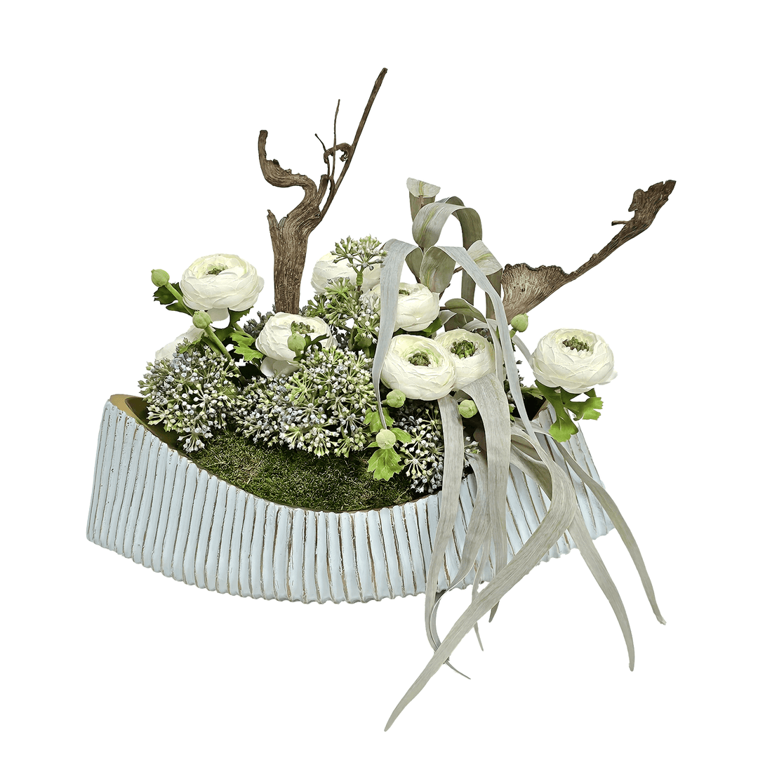 Ranunculus, Eucalyptus Leaves and Allium in Oval Container 16"H - LDF Silk