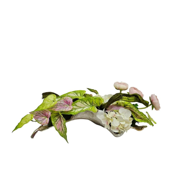 Ranunculus, Hydrangeas, Caladium Plant, and Twisted Vine Branch in Metal Leaf Tray. 7.5"H - LDF Silk