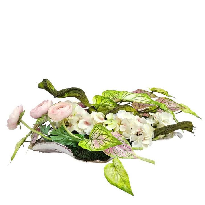 Ranunculus, Hydrangeas, Caladium Plant, and Twisted Vine Branch in Metal Leaf Tray. 7.5"H - LDF Silk