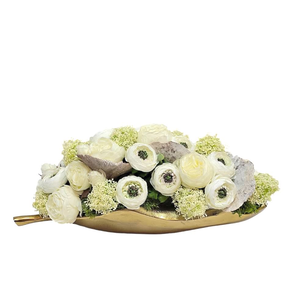 Ranunculus, Roses, Skimmia Spray, and Mushrooms in Metal Leaf Tray. 9"H - LDF Silk