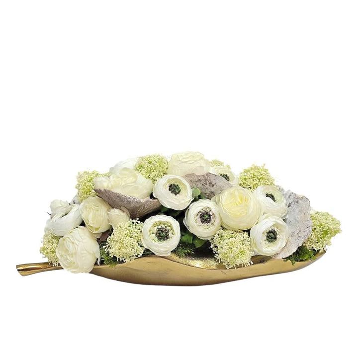 Ranunculus, Roses, Skimmia Spray, and Mushrooms in Metal Leaf Tray. 9"H - LDF Silk
