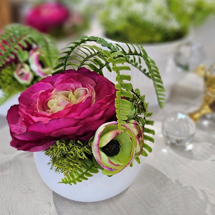 Ranunculus with Fern in Ceramic Bowl 7"H - LDF Silk