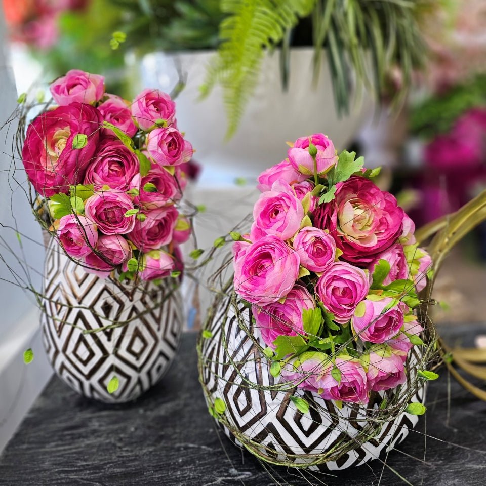 Ranunculus with Leafy Vine in Tall Graphic Ceramic 21"H - LDF Silk