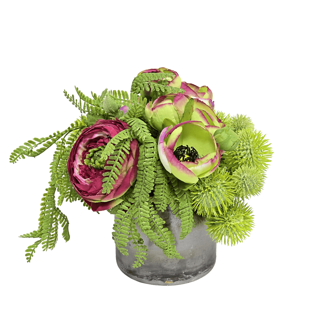 Ranunculus with Thistle and Fern in Round Metal Container. FH: 6.5"H - LDF SilkArtificial Flora