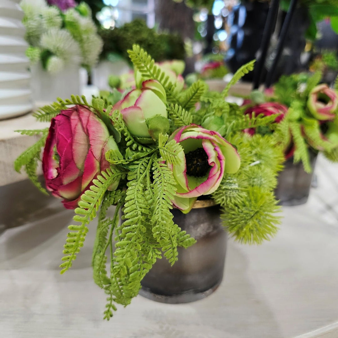 Ranunculus with Thistle and Fern in Round Metal Container. FH: 6.5"H - LDF SilkArtificial Flora