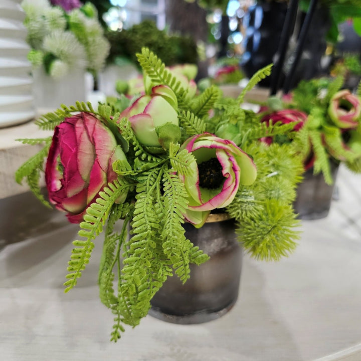 Ranunculus with Thistle and Fern in Round Metal Container. FH: 6.5"H - LDF SilkArtificial Flora