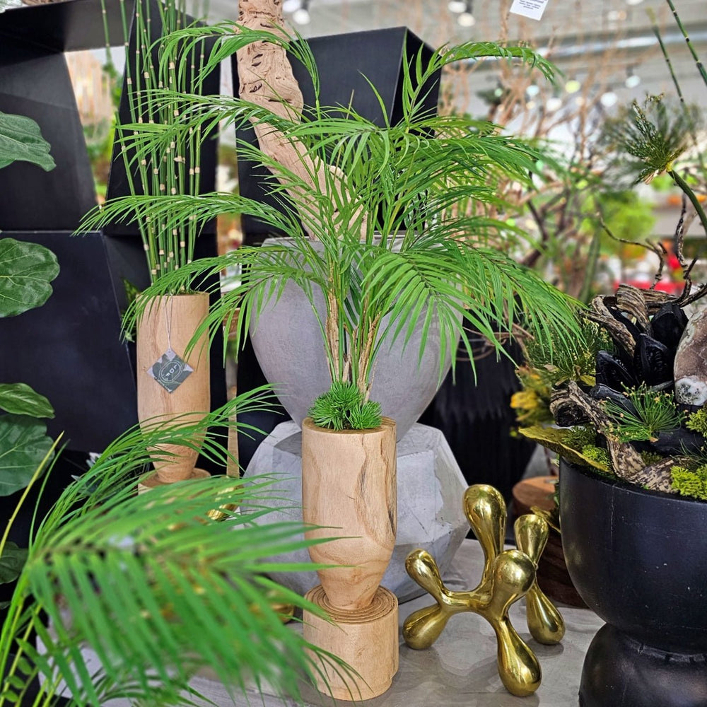 Real Touch Areca Palm in Carved Natural Wood Vase 40"H - LDF Silk