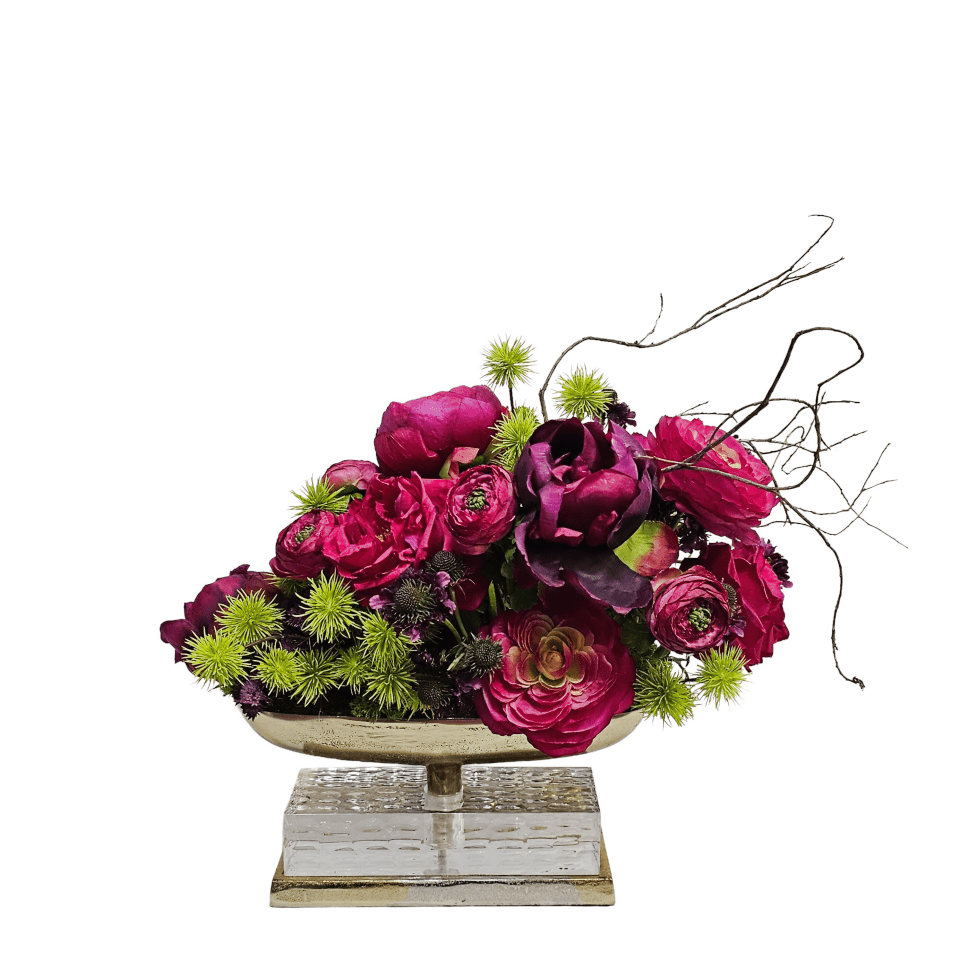 Rose, Ranunculus and Dahlia Floral with Tiger Wood in Metal Oval on Acrylic Base 21"H - LDF Silk