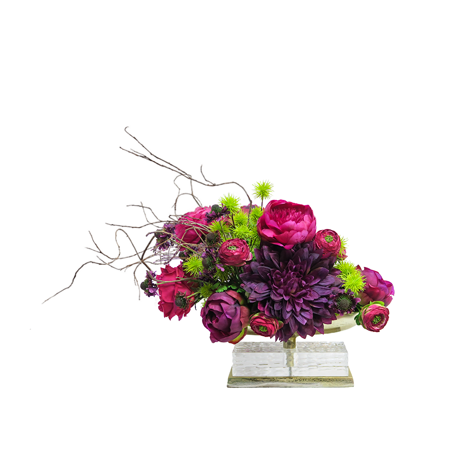 Rose, Ranunculus and Dahlia Floral with Tiger Wood in Metal Oval on Acrylic Base 21"H - LDF Silk