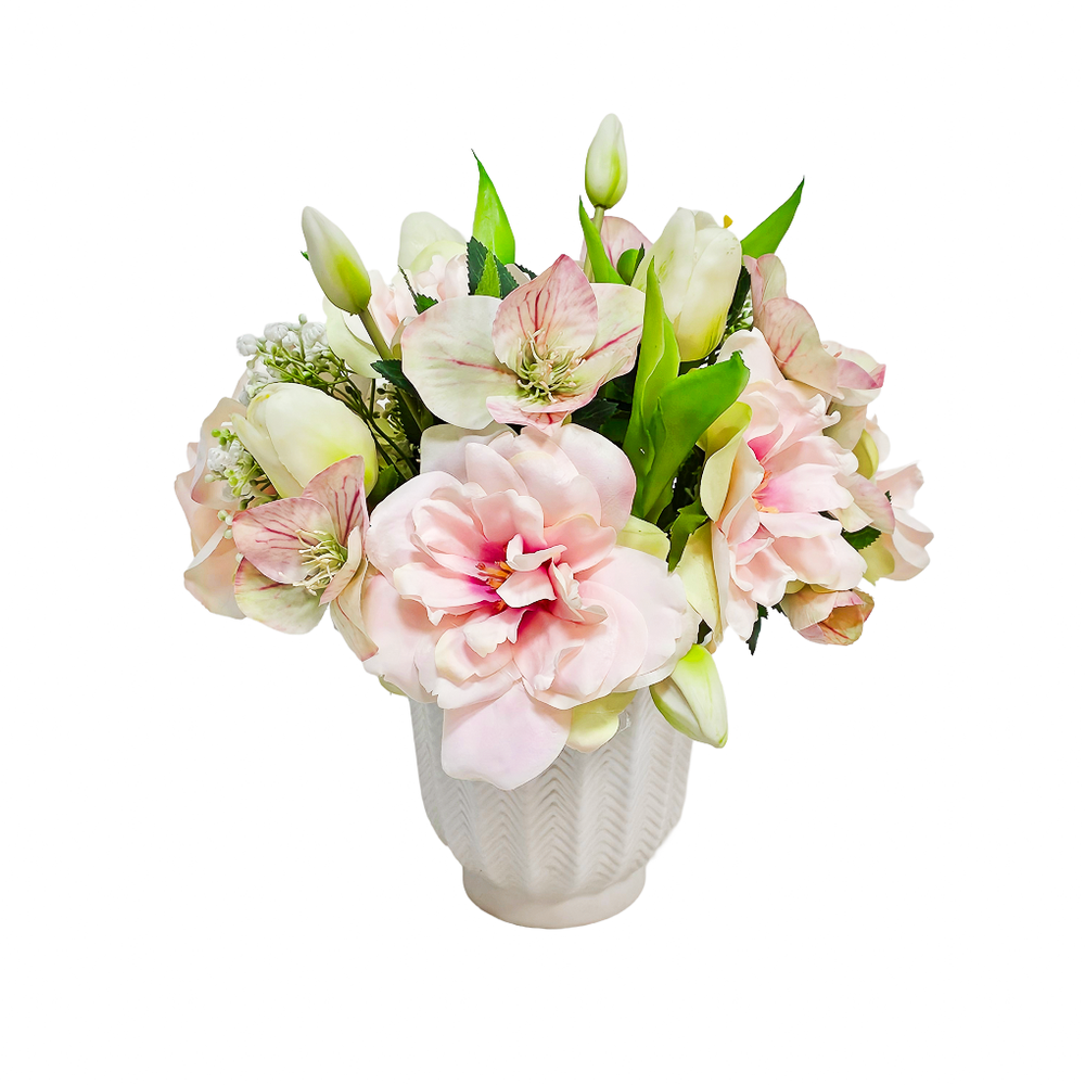 Roses, Helleborus and Tulips in Patterned Ceramic 13"H - LDF Silk