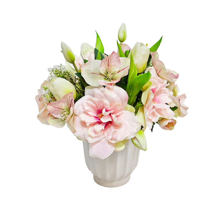 Roses, Helleborus and Tulips in Patterned Ceramic 13"H - LDF Silk