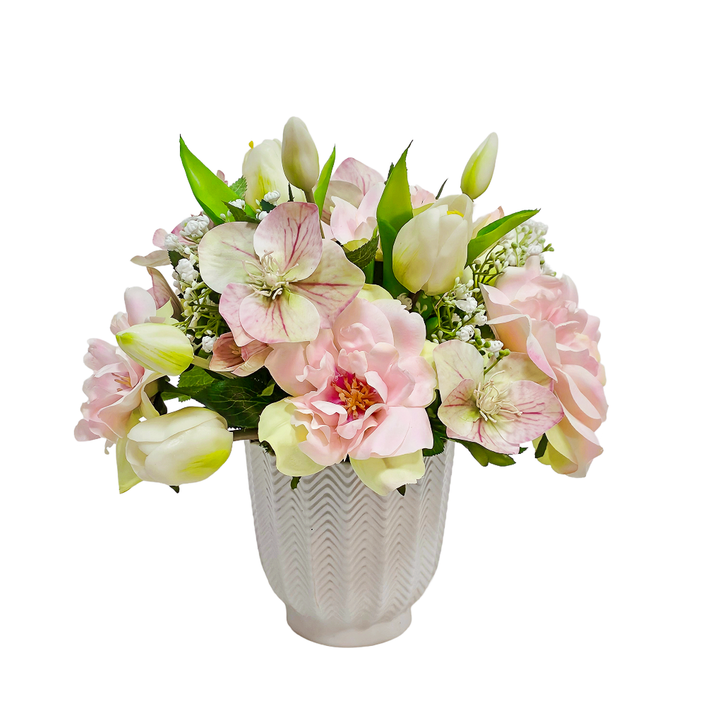 Roses, Helleborus and Tulips in Patterned Ceramic 13"H - LDF Silk