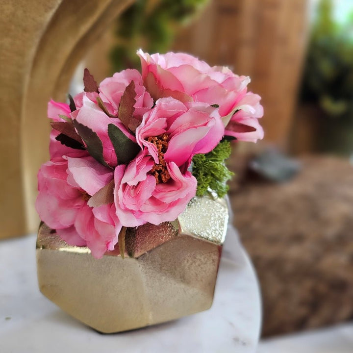 Roses in Oblong Metal Vase 6"H - LDF Silk