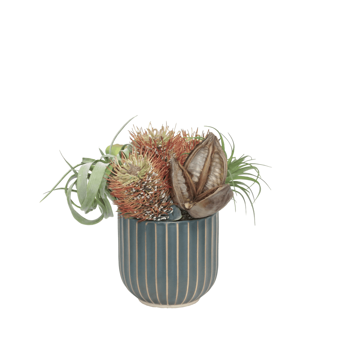Rust Protea, Tillandsia, Sora Pod and Fruit Pods in Ceramic 10.5"H - LDF Silk