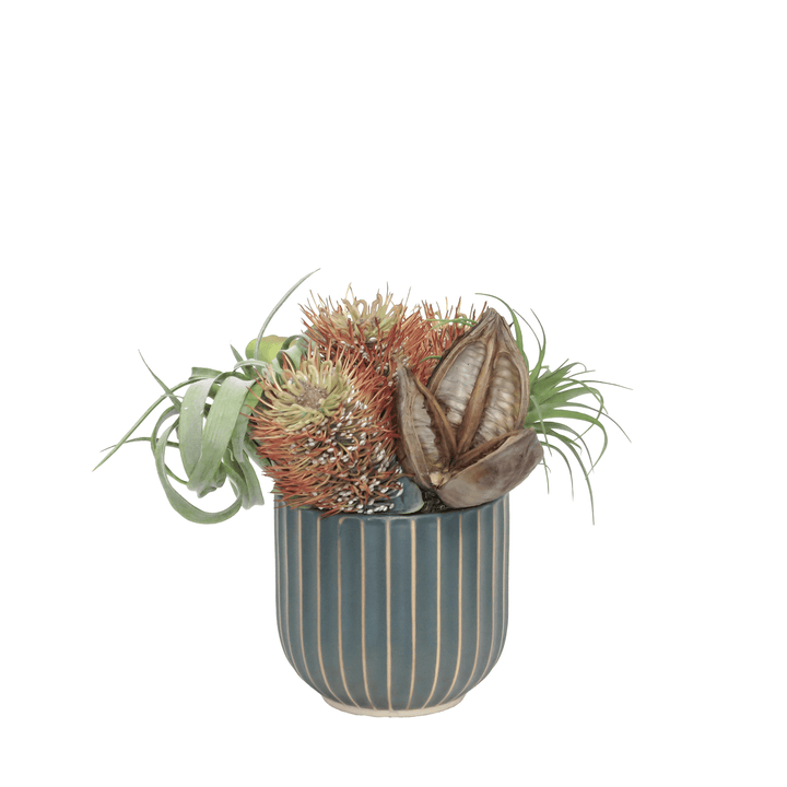 Rust Protea, Tillandsia, Sora Pod and Fruit Pods in Ceramic 10.5"H - LDF Silk