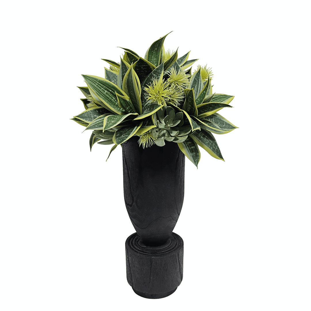 Sansevieria and Succulents in Black Wood Vase. FH: 24.5"H - LDF Silk