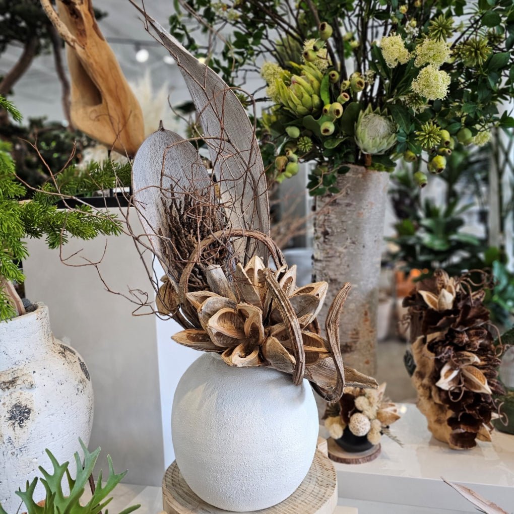 Sculptural Coco Palms, Star Pod, Coco Jhar, Coiled Vine and Natural Branches in Ceramic Vase 48"H - LDF Silk