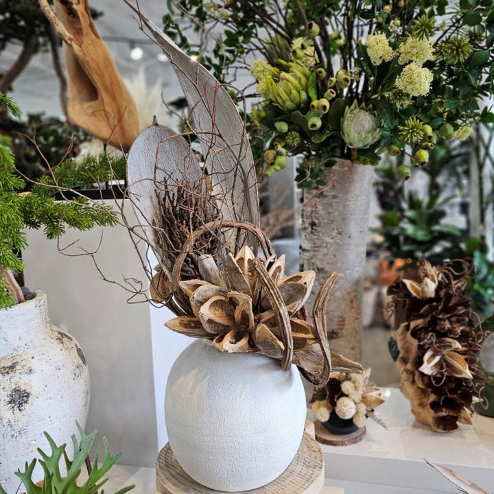 Sculptural Coco Palms, Star Pod, Coco Jhar, Coiled Vine and Natural Branches in Ceramic Vase 48"H - LDF Silk