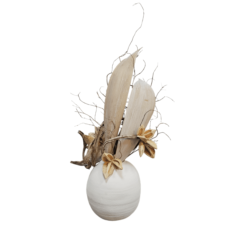 Sculptural Coco Palms, Star Pod, Coco Jhar, Coiled Vine and Natural Branches in Ceramic Vase 48"H - LDF Silk