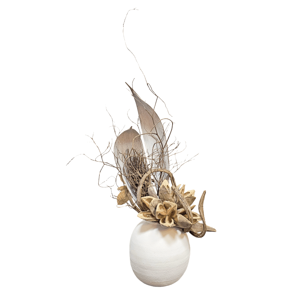 Sculptural Coco Palms, Star Pod, Coco Jhar, Coiled Vine and Natural Branches in Ceramic Vase 48"H - LDF Silk