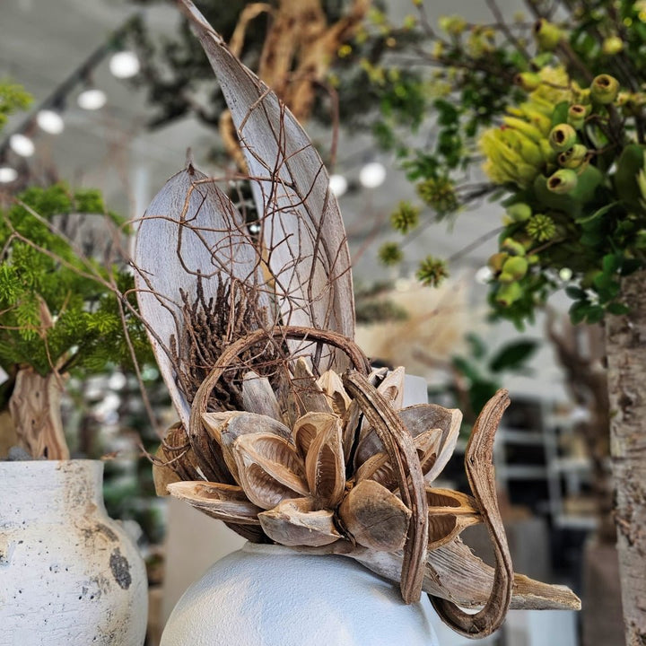 Sculptural Coco Palms, Star Pod, Coco Jhar, Coiled Vine and Natural Branches in Ceramic Vase 48"H - LDF Silk