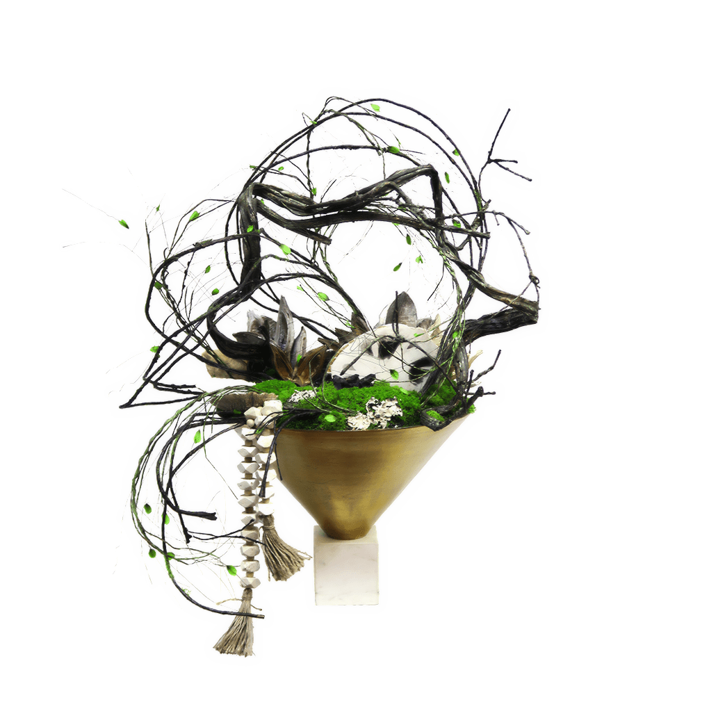 Sculptural Vine, Petrified Wood, Stone Beads, Sora Pods, Mushroom and Mosses in Gold Metal Bowl on Base 31"H - LDF Silk