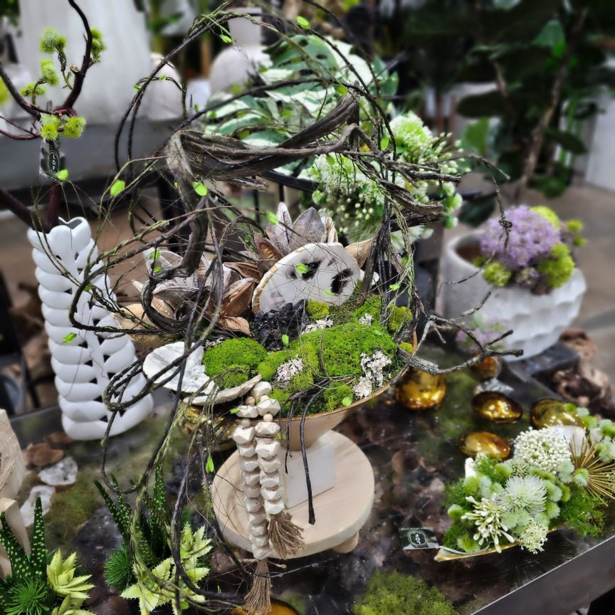 Sculptural Vine, Petrified Wood, Stone Beads, Sora Pods, Mushroom and Mosses in Metal Bowl on Base 31"H - LDF Silk
