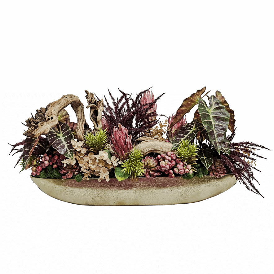 Sculptural Wood with Tropical Leaves, Eucalyptus, Succulents, Berris and Protea in a Oval Metal Boat 20"H x 44"W x 17"D - LDF Silk