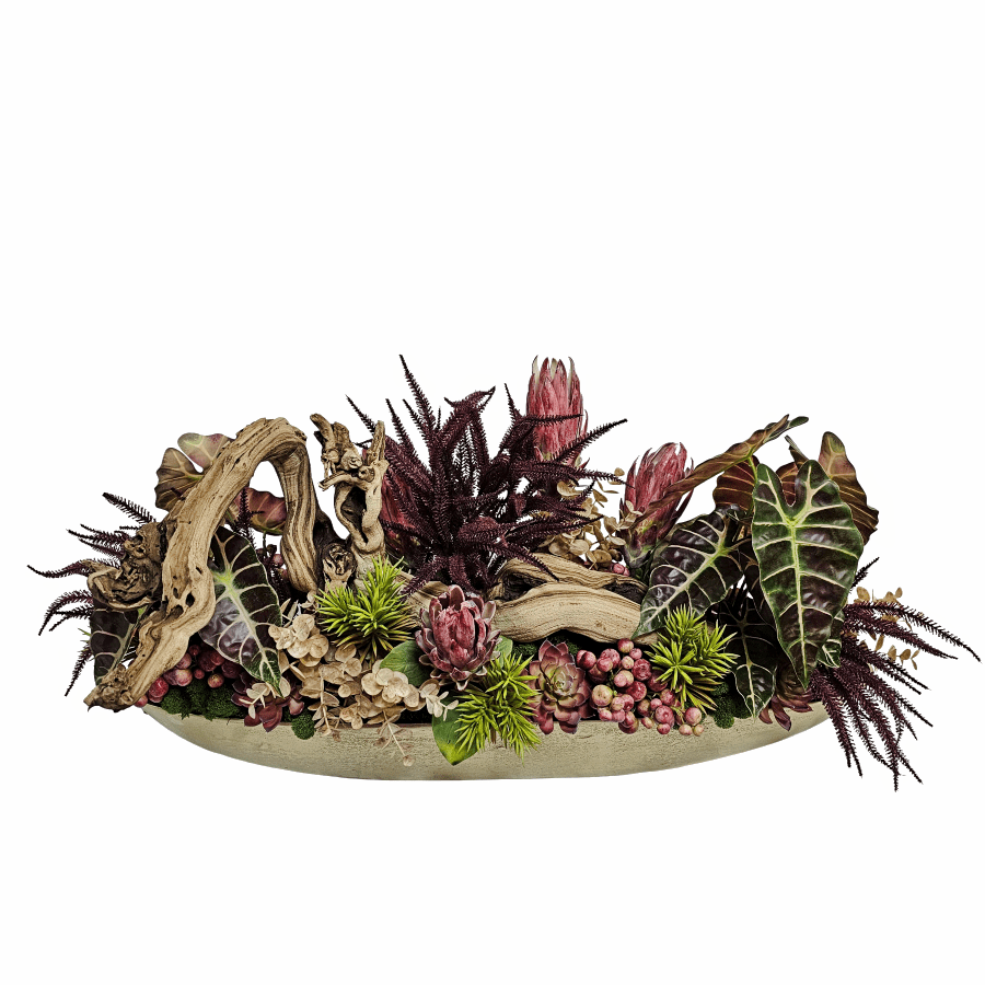 Sculptural Wood with Tropical Leaves, Eucalyptus, Succulents, Berris and Protea in a Oval Metal Boat 20"H x 44"W x 17"D - LDF Silk