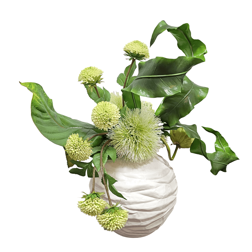 Sea Urchin Flowers, Lotus Pods and Tropical Leaves in Crinkled Metal Vase 37"H - LDF Silk