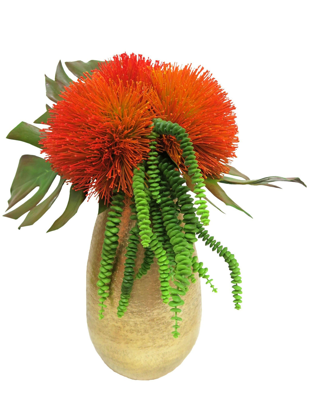 Sea Urchin Flowers with Monstera Leaves and Donkey Tails in Vase - LDF SilkFlorals
