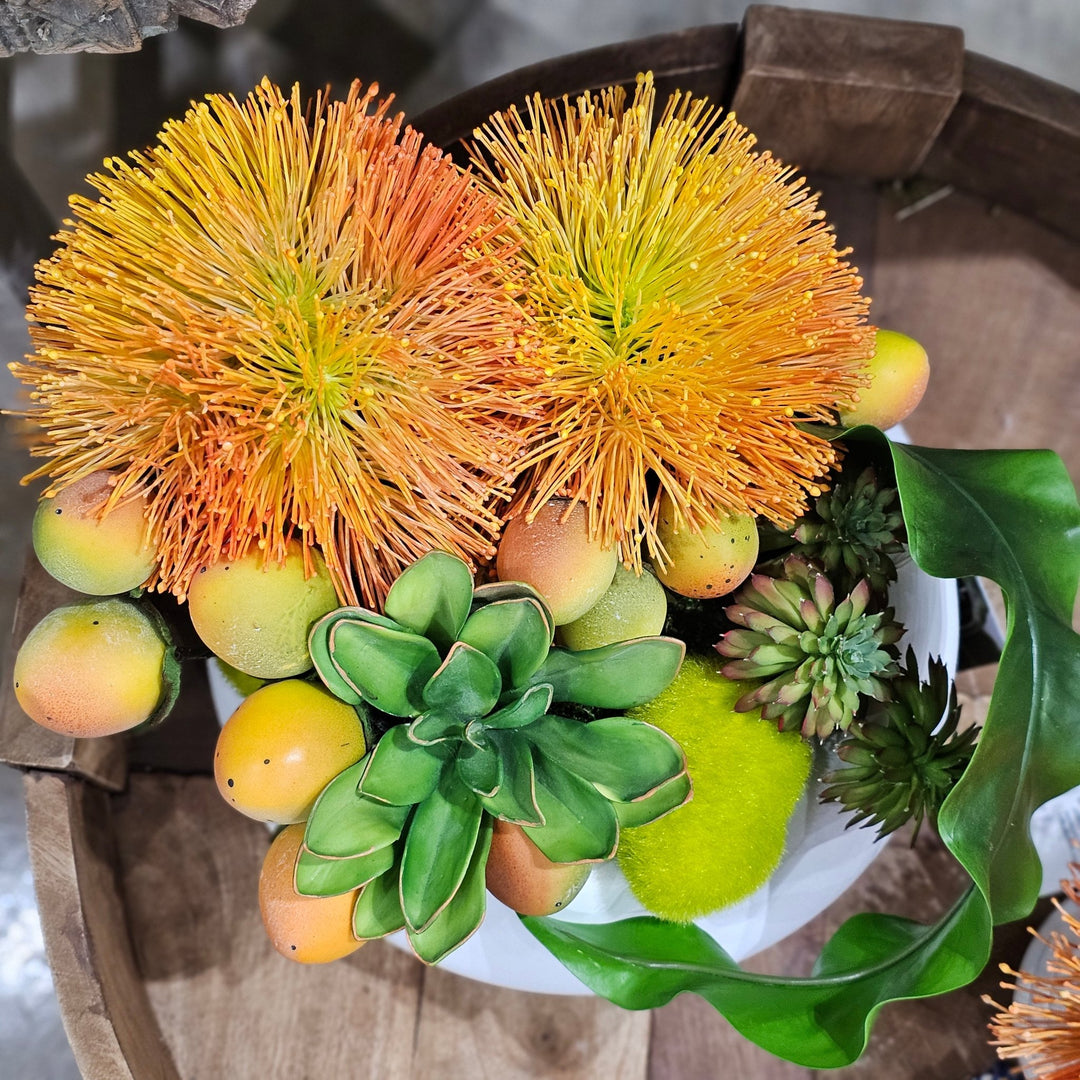 Sea Urchin with Fruit and Succulents in Matte Ceramic Bowl. FH: 11"H - LDF Silk