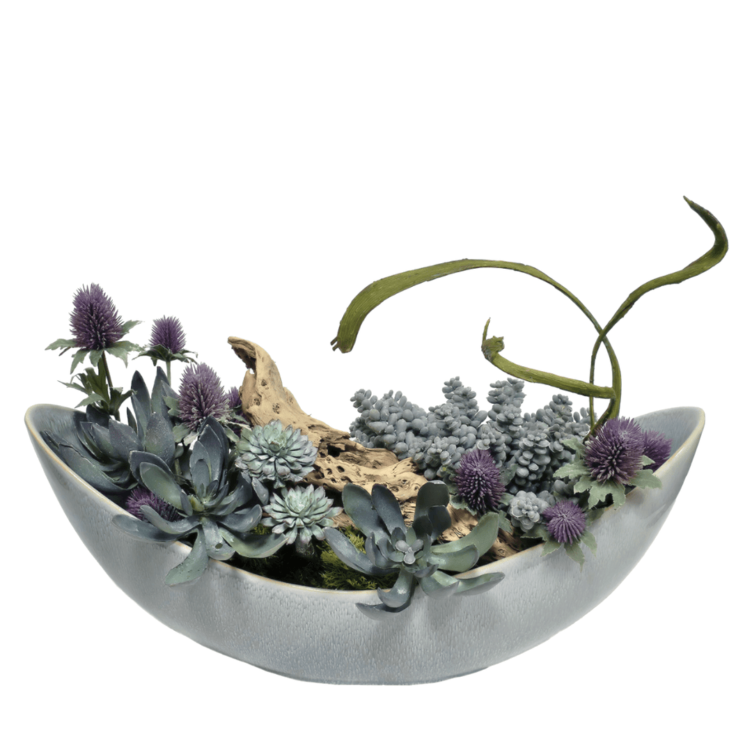 Sedum, Succulents and Thistle with Staghorn Fern and Wood Fragment in Oval Container 14"H - LDF Silk