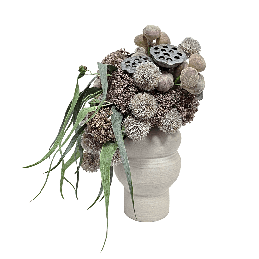 Sedum, Thistle, Lotus Pods, Figs and Eucalyptus Leaves in Vase. FH: 17"H - LDF SilkArtificial Flora