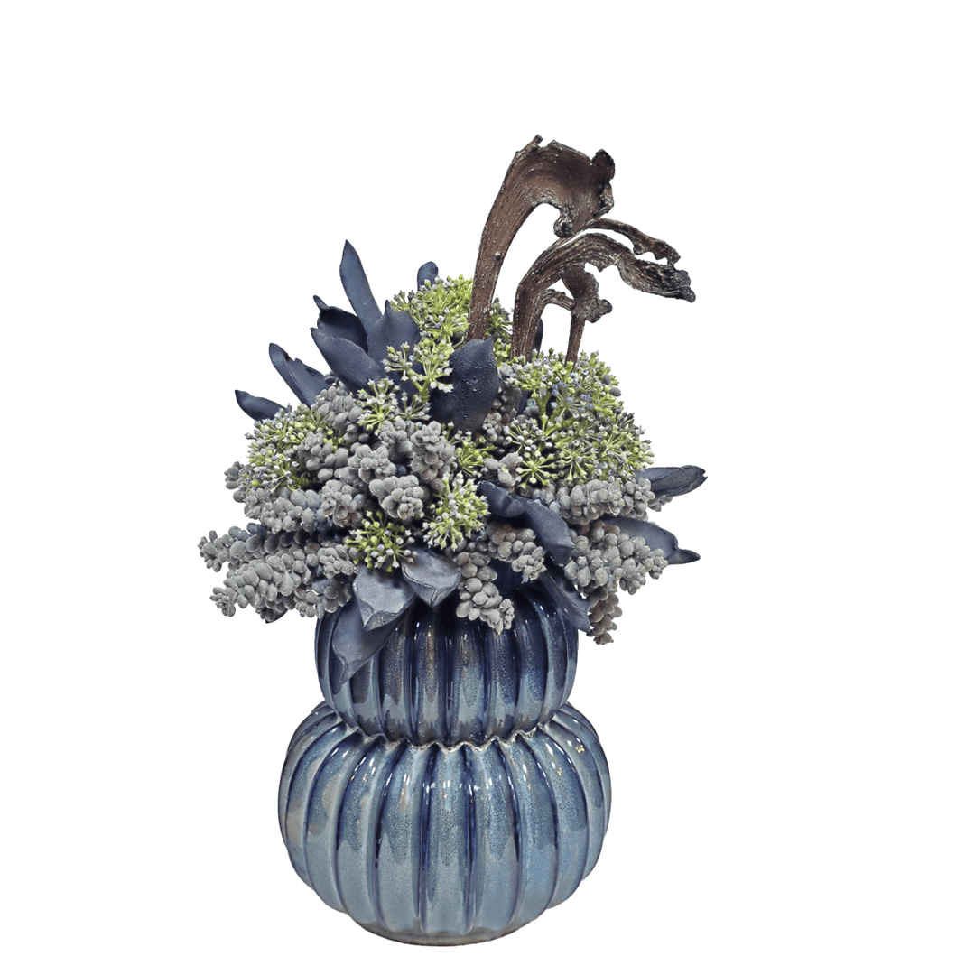 Sedum with Allium and Natrag in Ceramic Gourd Vase 19"H - LDF Silk