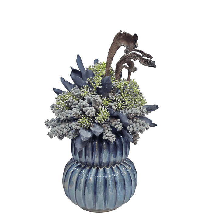 Sedum with Allium and Natrag in Ceramic Gourd Vase 19"H - LDF Silk