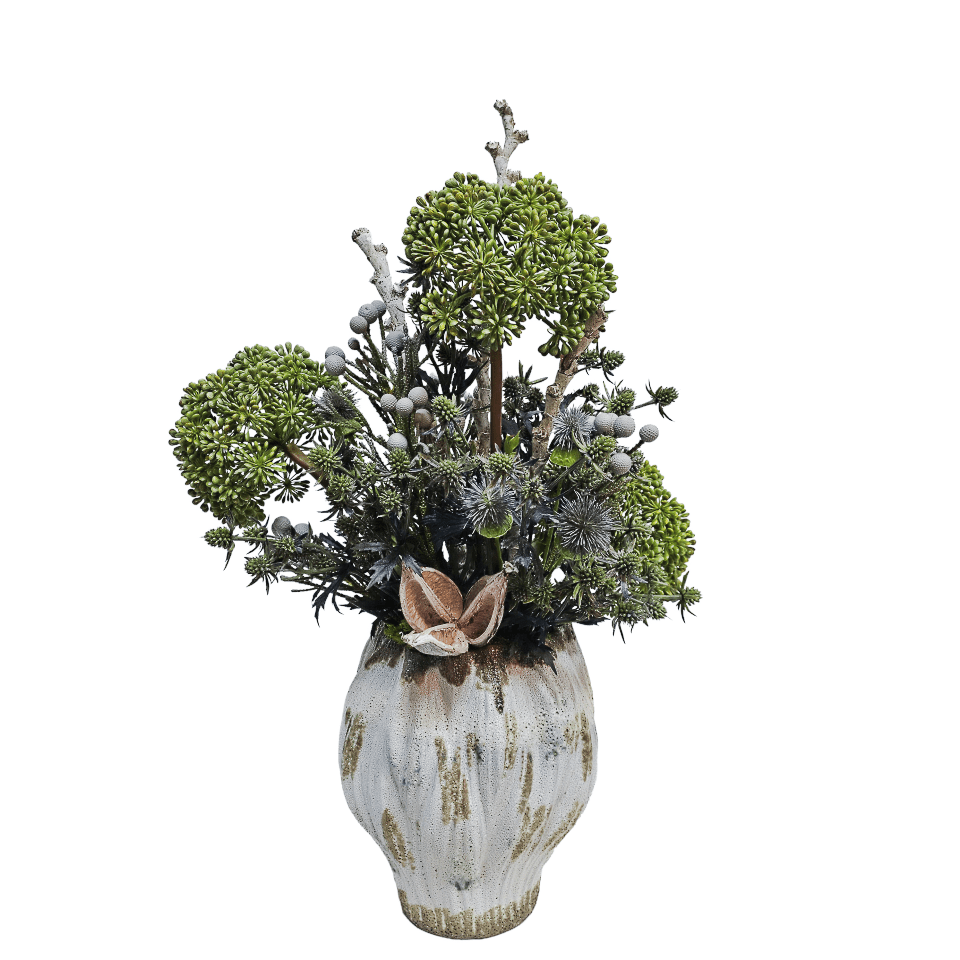 Seeded Allium with Ladder Branches, Thistle, Sora Pods and Brunia in Aged Ceramic Vase 28"H - LDF Silk