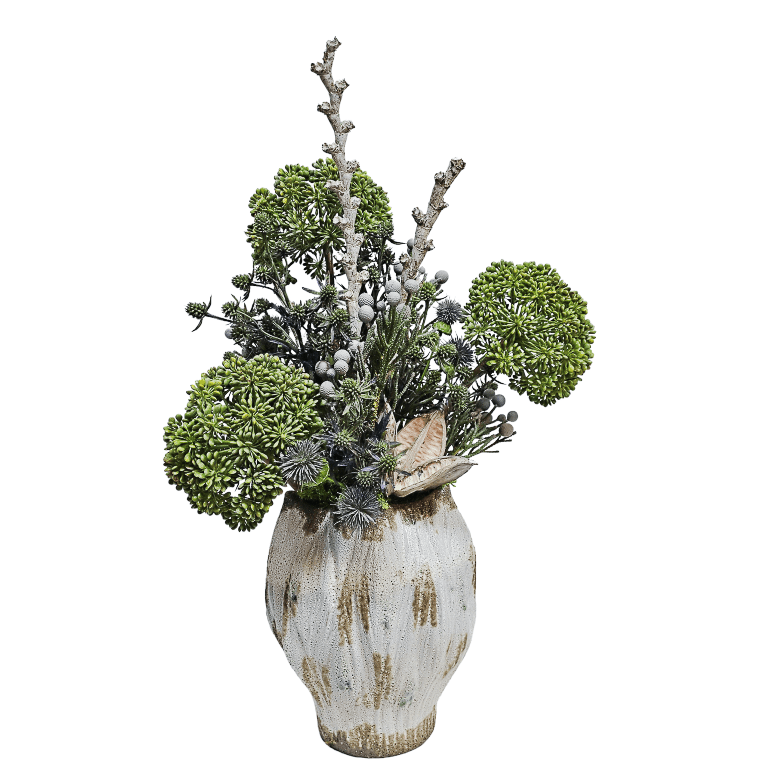 Seeded Allium with Ladder Branches, Thistle, Sora Pods and Brunia in Aged Ceramic Vase 28"H - LDF Silk