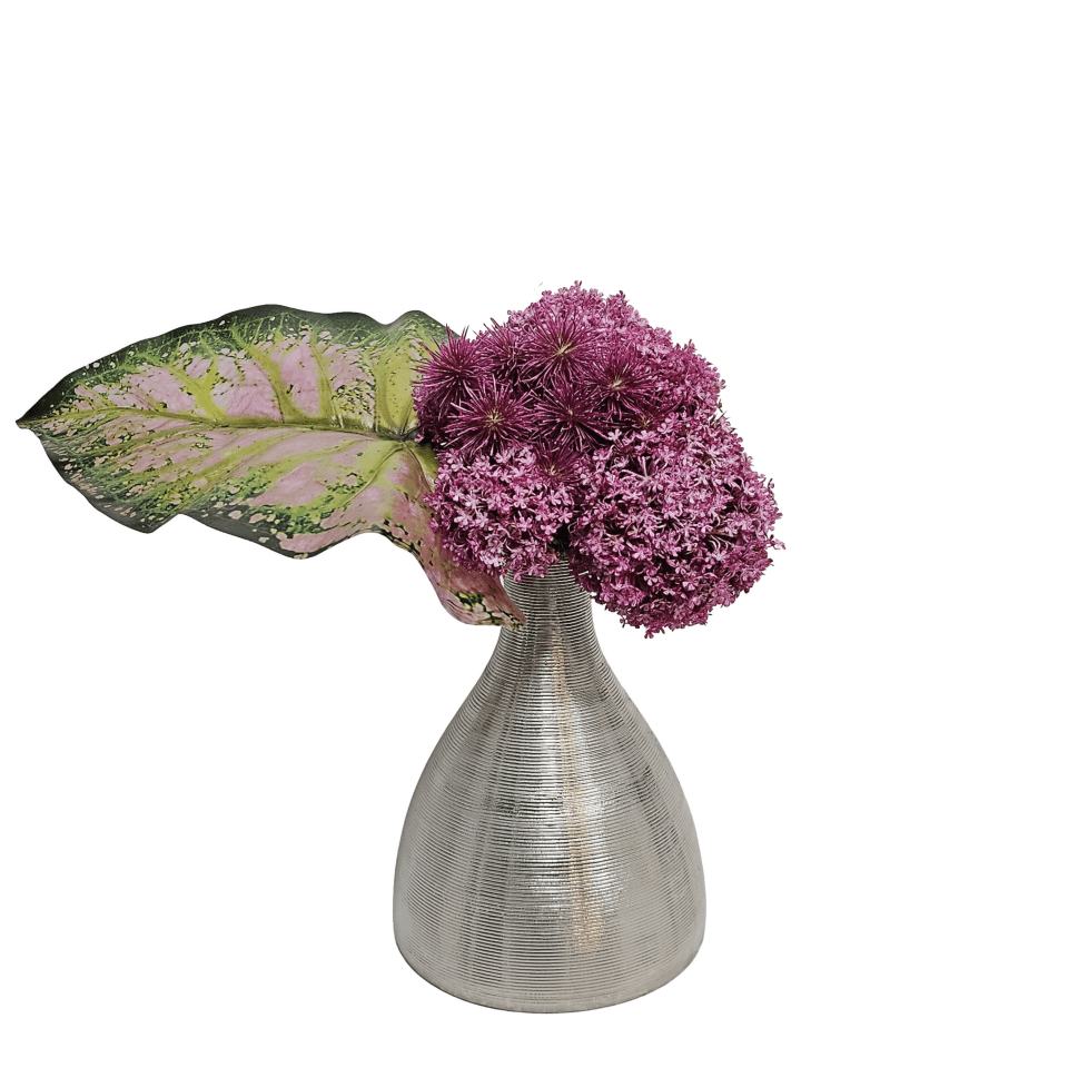 Snowball Spray, Wild Cladium Leaf, and Spikey Ball Bundle made into Silver Vase. 15"H Only 2 Available - LDF Silk