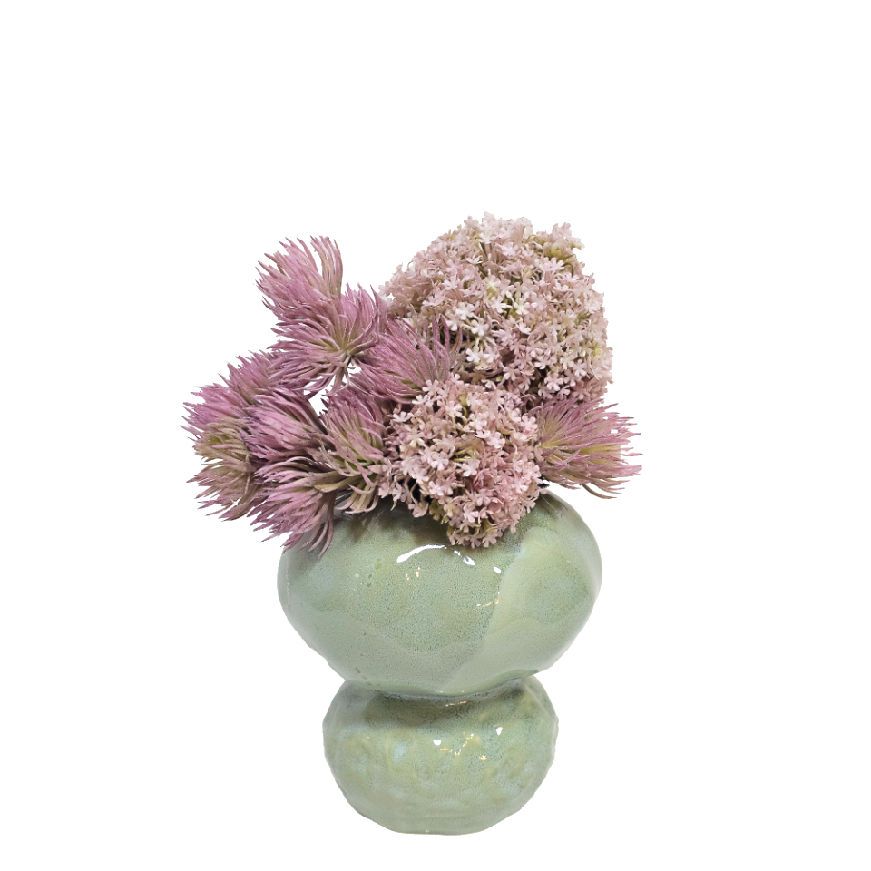 Snowballs with Spikey Sedum in Celedon Ceramic 12"H - LDF Silk