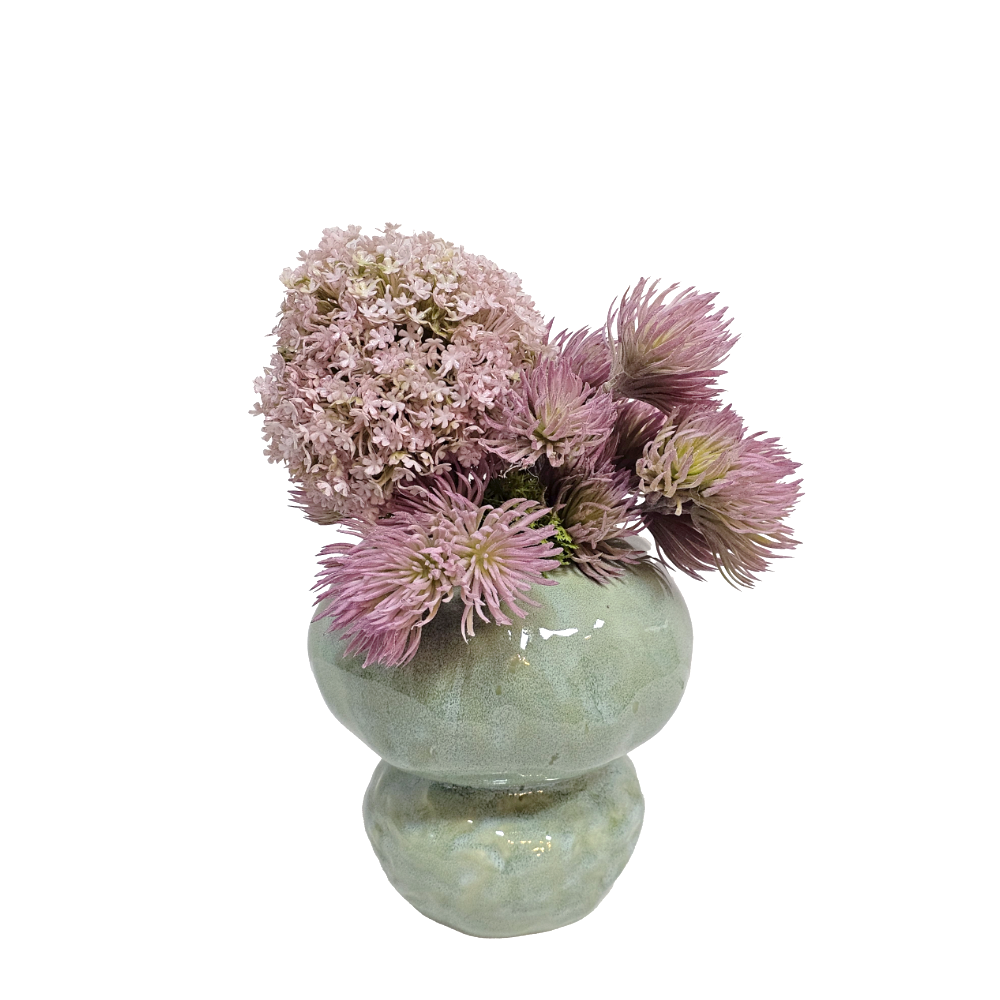 Snowballs with Spikey Sedum in Celedon Ceramic 12"H - LDF Silk