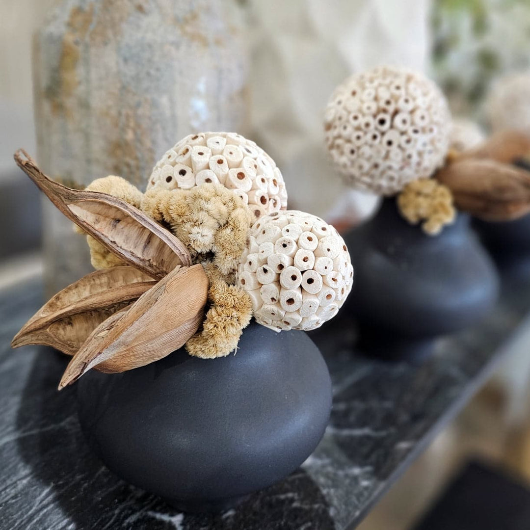 Sora Pod, Spheres and Coxcomb in Ceramic Vase. 9.5"H - LDF Silk