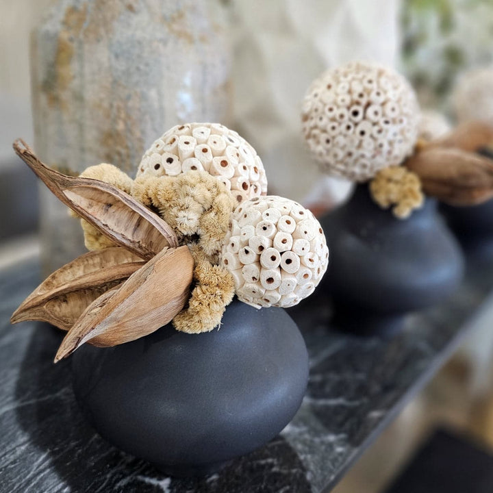 Sora Pod, Spheres and Coxcomb in Ceramic Vase. 9.5"H - LDF Silk