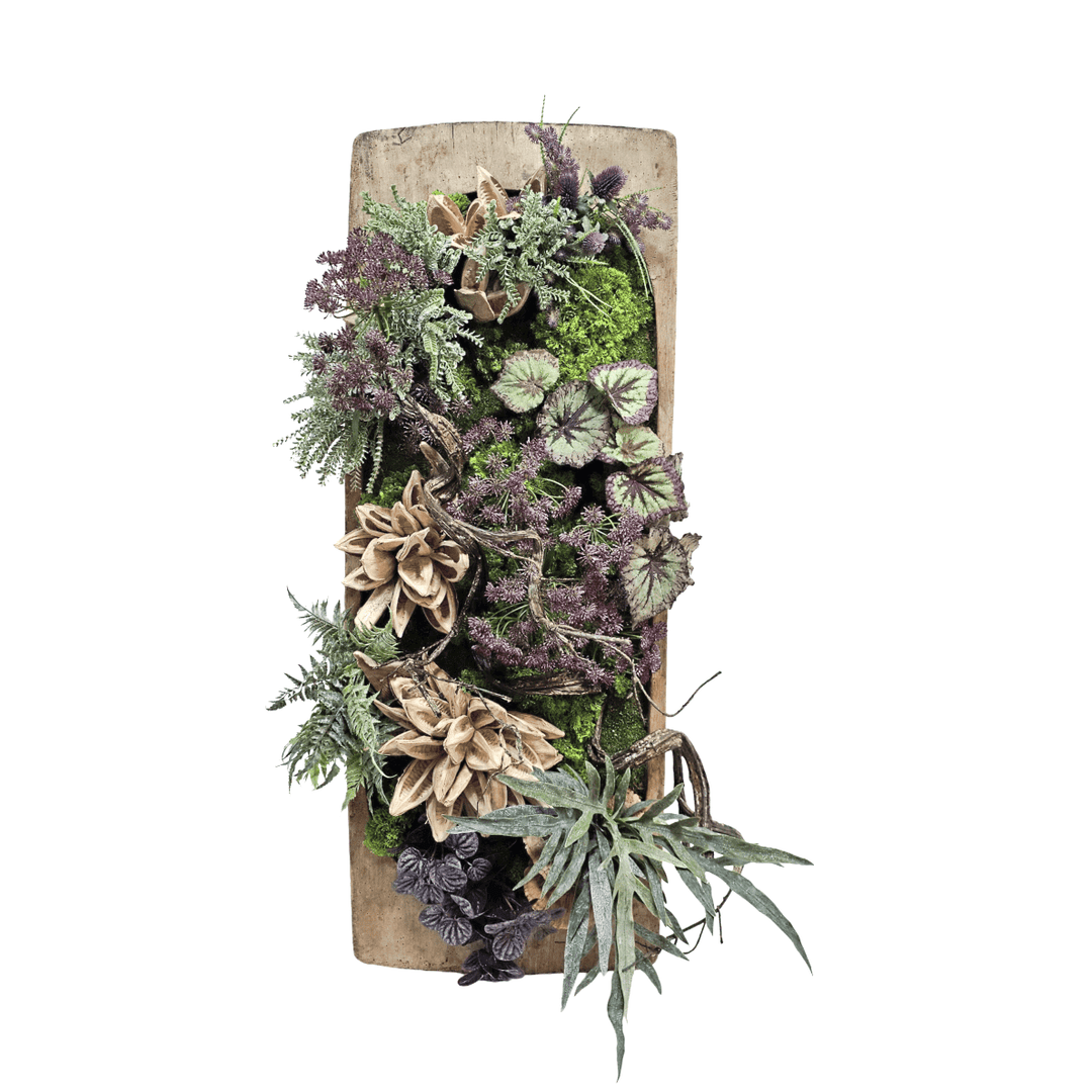 Sora Pods, Curly Vine, Purple Dill Flowers, Ferns and Begonias in Antique Dough Bowl 50"H - LDF Silk